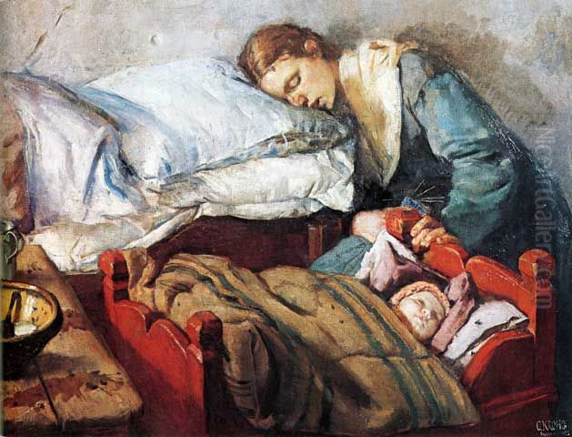 Sleeping Mother Oil Painting by Christian Krohg