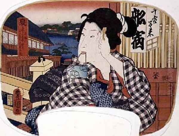 Summer the river at Ryoguku A geisha combing her hair Oil Painting by Utagawa Kunisada