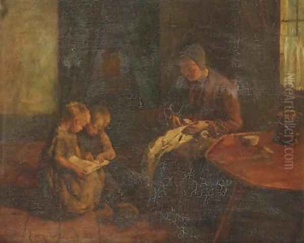 Children reading in an interior Oil Painting by Jacob Simon Hendrik Kever