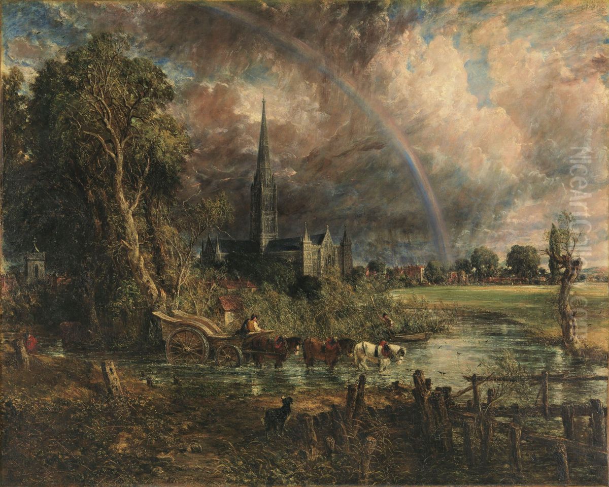 Salisbury Cathedral From The Meadows Oil Painting by John Constable