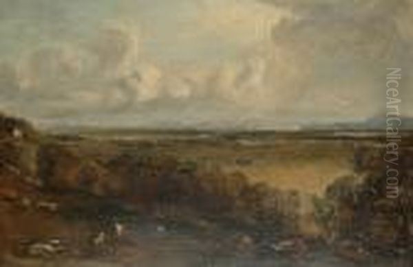 An Extensive Landscape With Cows
 And Sheep Grazing In The Foreground, A View To Mountains In The 
Distance Oil Painting by John Constable