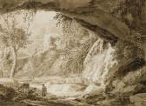 Un Couple Avec Un Ane Dans Une 
Grotte Dans Un Paysage Rocheux Avec Une Batisse A L'arriere-plan Oil Painting by Jean Antoine Constantin D'Aix