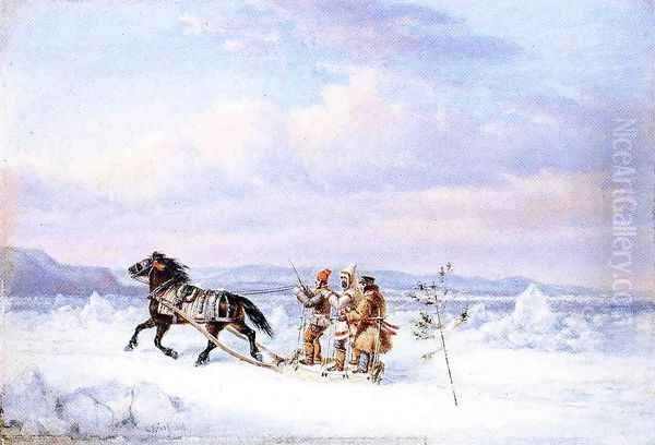 Huntsmen in Horsedrawn Sleigh Oil Painting by Cornelius David Krieghoff