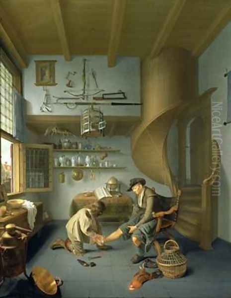 A Barber surgeon tending a peasants foot Oil Painting by Issac Koedyck (Koedijck)