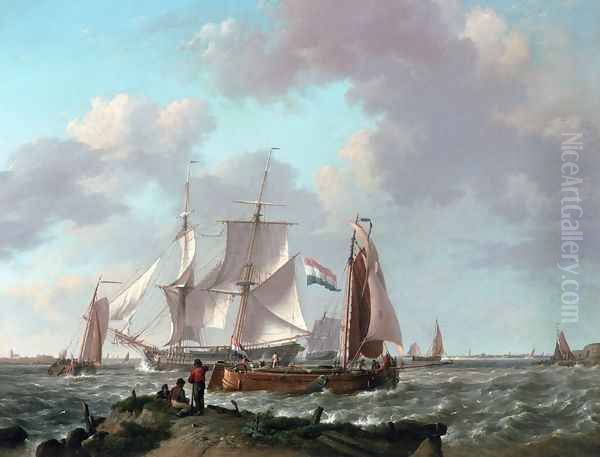 Ships in a Squall with Figures on the Shore Oil Painting by Johannes Hermanus Koekkoek Snr