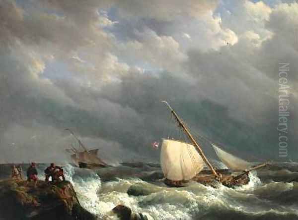 Vessels on a Lee Shore in a Gale of Wind Oil Painting by Johannes Hermanus Koekkoek Snr