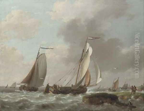 Shipping by a coast in a brisk wind Oil Painting by Johannes Hermanus Koekkoek Snr