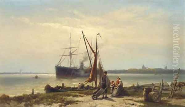 A steamship anchored in a river Oil Painting by Johannes Hermanus Koekkoek Snr