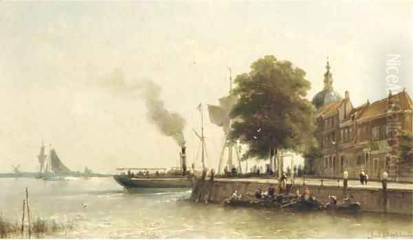 Aan de kade a steamship passing the Groot Hoofd, Dordrecht Oil Painting by Johannes Hermanus Koekkoek Snr