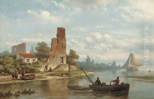 Fishermen near a ruin on a riverbank Oil Painting by Johannes Hermanus Koekkoek Snr