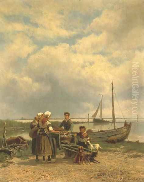 Loading the catch onto a dog-cart Oil Painting by Johannes Hermanus Koekkoek Snr