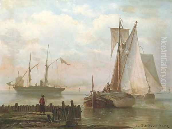 Sailing vessels and a steamship on a calm Oil Painting by Johannes Hermanus Koekkoek Snr
