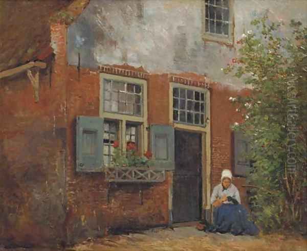 Sewing on the doorstep Oil Painting by Johannes Hermanus Koekkoek Snr