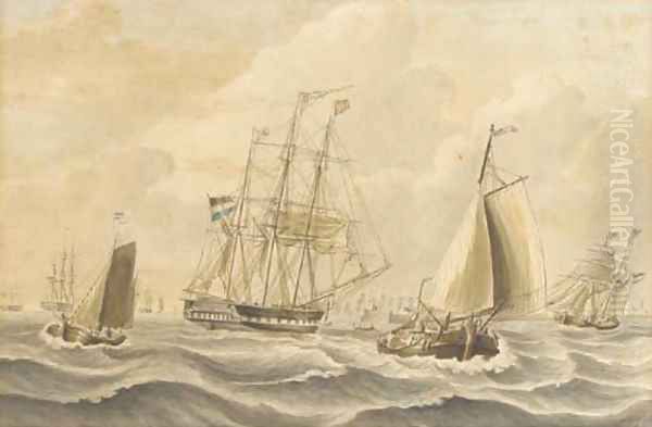 The Dutch barque Cornelia off a fleet anchorage Oil Painting by Johannes Hermanus Koekkoek Snr