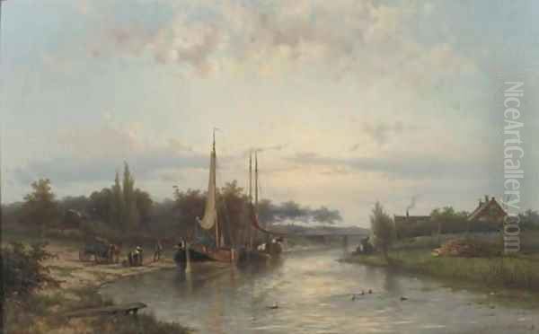 Unloading the riverbarges in summer Oil Painting by Johannes Hermanus Koekkoek Snr