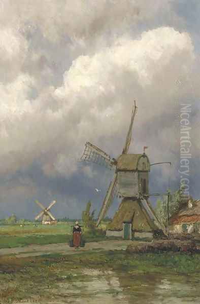 Windmills in a Dutch polder landscape Oil Painting by Johannes Hermanus Koekkoek Snr