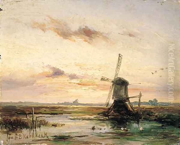 A windmill in a polder landscape at sunset Oil Painting by Johannes Hermanus Koekkoek Snr