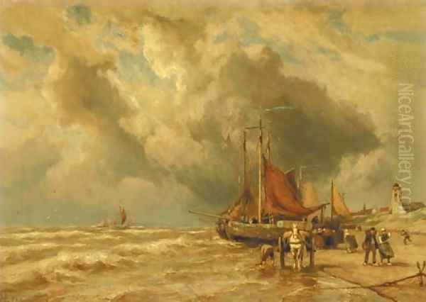 Beached bomschuiten on the coast of Katwijk aan Zee Oil Painting by Johannes Hermanus Koekkoek Snr