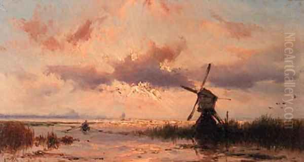 Lakeside with setting sun Oil Painting by Johannes Hermanus Koekkoek Snr