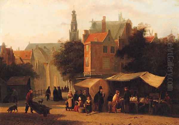 Market Day in a Dutch Town Oil Painting by Johannes Hermanus Koekkoek Snr
