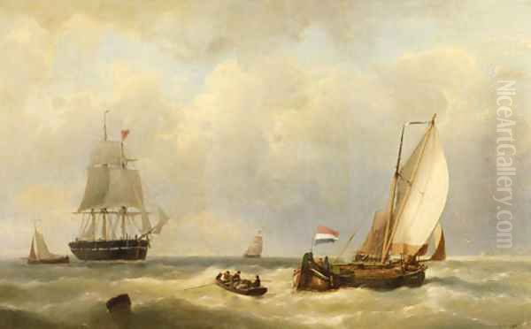 Sailors in a rowingboat approaching a three-master at sea Oil Painting by Johannes Hermanus Koekkoek Snr