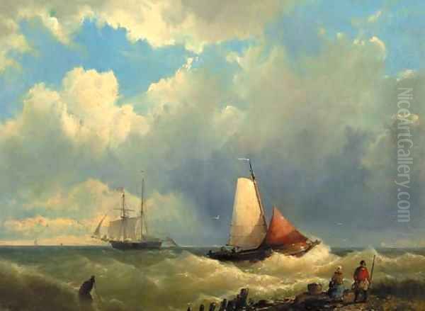 Shipping off the coast Oil Painting by Johannes Hermanus Koekkoek Snr