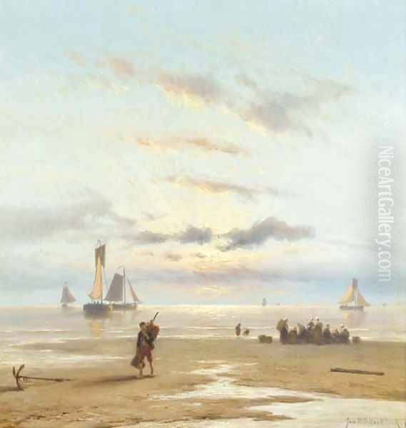 Sunset at Scheveningen beach Oil Painting by Johannes Hermanus Koekkoek Snr