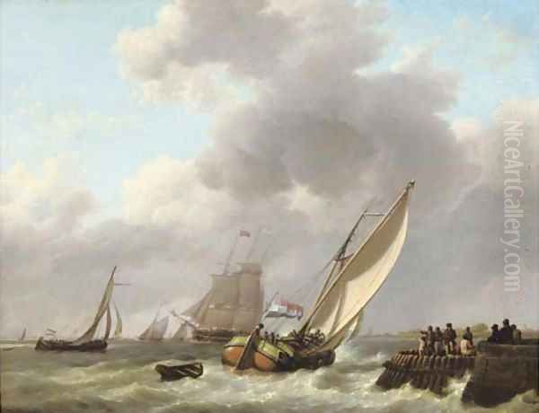 A busy day on the water near a jetty Oil Painting by Johannes Hermanus Koekkoek Snr