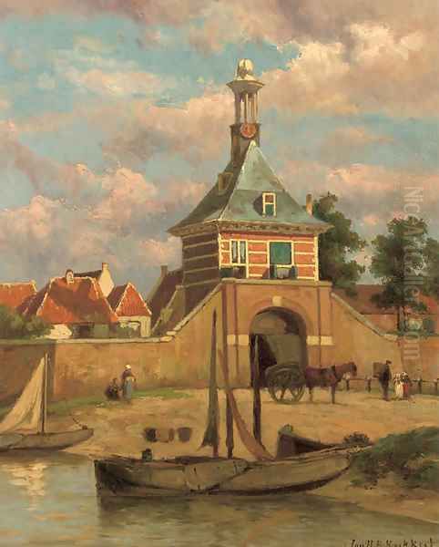 A city gate in Gorinchem Oil Painting by Johannes Hermanus Koekkoek Snr
