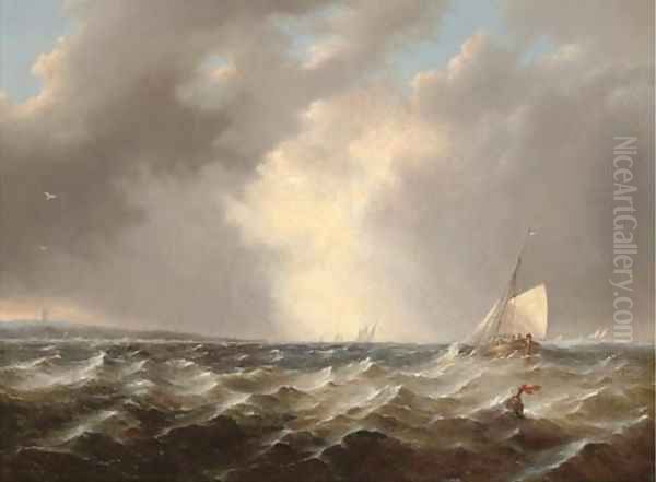A stiff breeze offshore Oil Painting by Johannes Hermanus Koekkoek Snr