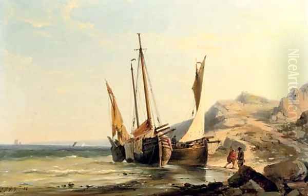Boats moored by a rocky beach Oil Painting by Johannes Hermanus Koekkoek Snr