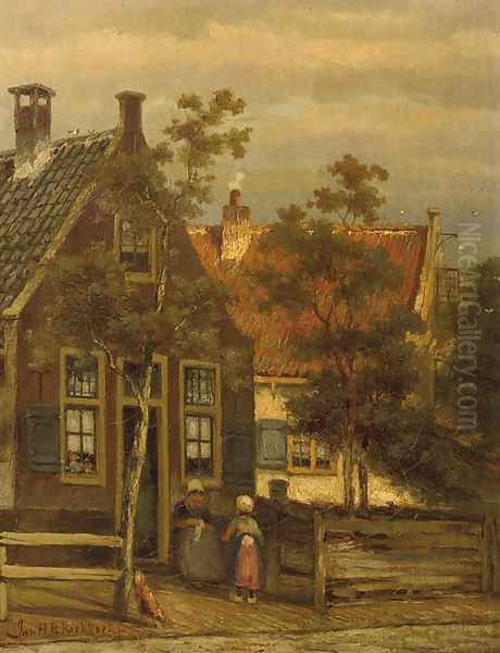 Dutch street scene with mother and child Oil Painting by Johannes Hermanus Koekkoek Snr