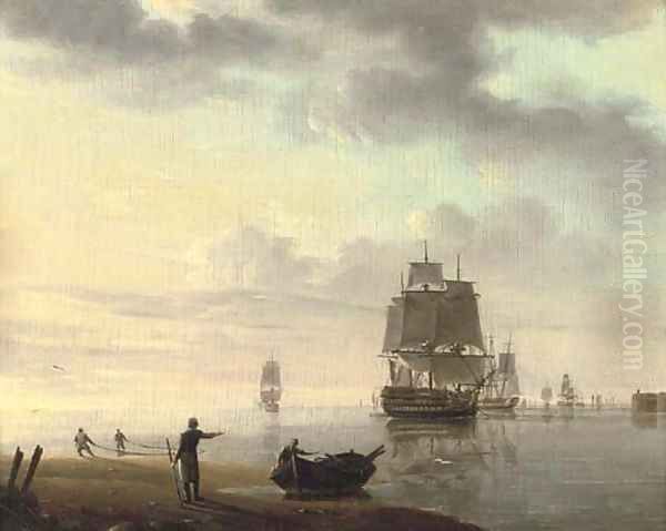 Men-o'war and other shipping in an offshore anchorage Oil Painting by Johannes Hermanus Koekkoek Snr