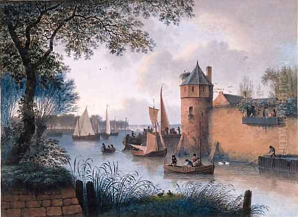 A Town Wall with a Jetty by a Tower at an Estuary and Fishermen mooring, elegant company looking on from a balcony Oil Painting by Joseph Augustus Knip