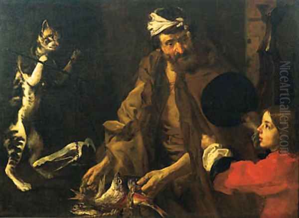 A fishmonger, a boy and a cat weighing a piece of ham on a set of scales Oil Painting by Bernhard Keil, Monsu Bernardo