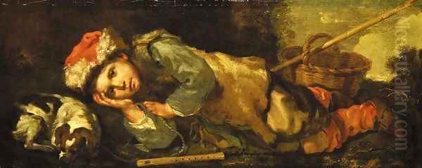 A recumbent shepherd boy with a sleeping dog by his side, a wicker basket at his feet Oil Painting by Bernhard Keil, Monsu Bernardo