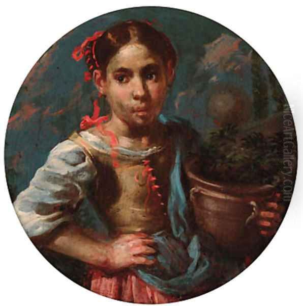 An allegory of summer a girl holding an earthenware pot with flowers Oil Painting by Bernhard Keil, Monsu Bernardo