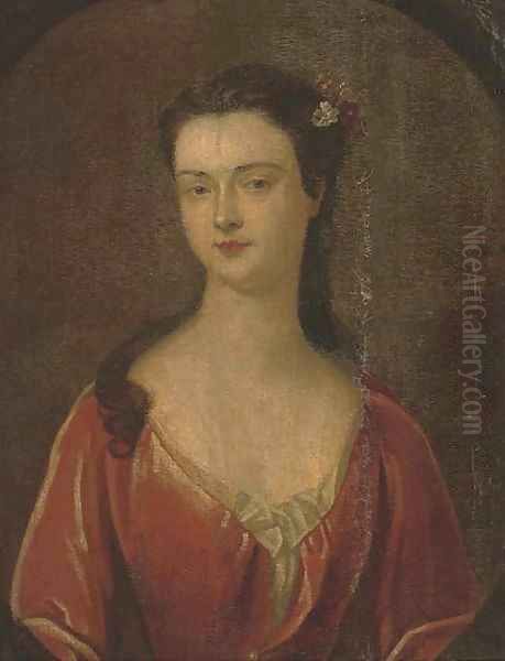 Portrait of Henrietta Erskine, bust-length, in a red dress with flowers in her hair, in a feigned oval Oil Painting by Sir Godfrey Kneller