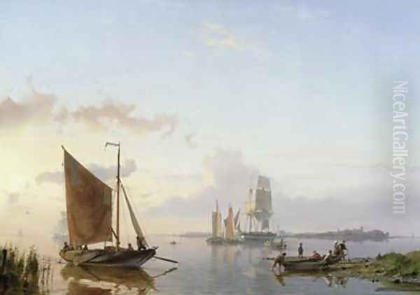 Sailing Vessels in an Estuary Oil Painting by Hermanus Koekkoek