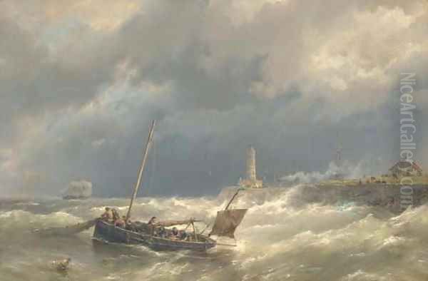 Gathering in the nets in stormy seas Oil Painting by Hermanus Koekkoek