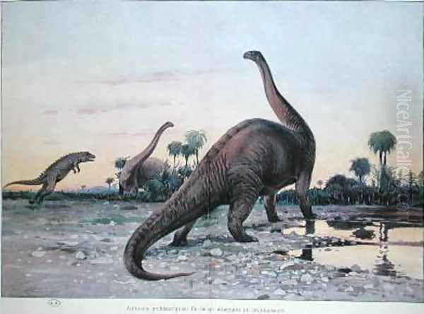 Prehistoric Animals a Laelaps attacking a Brontosaurus Oil Painting by Wilhelm Kuhnert