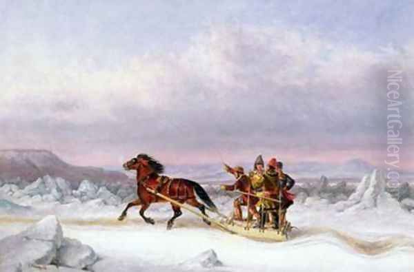 Crossing the St Lawrence from Levis to Quebec on a Sleigh Oil Painting by Cornelius David Krieghoff