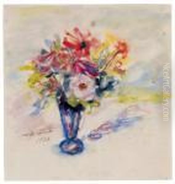 Blaue Vase Mit Anemonen, 
Signiert, Datiert Lovis Corinth 1920, Aquarell Auf Papier, 31 X 29,5 Cm,
 Passep., Gerahmt Oil Painting by Lovis (Franz Heinrich Louis) Corinth