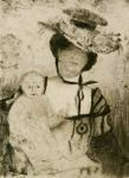 Mutter Und Kind. Radierung Und 
Vernis-mou In Dunkelbraun Auf Karton. 23 X 16,8 Cm. 1905. In Der Platte 
Monogrammiert Und Datiert Oil Painting by Lovis (Franz Heinrich Louis) Corinth