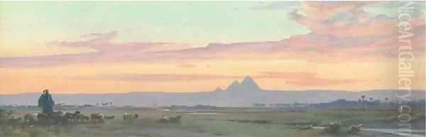 An Arab with his flock before the Pyramids of Giza Oil Painting by Robert George Talbot Kelly