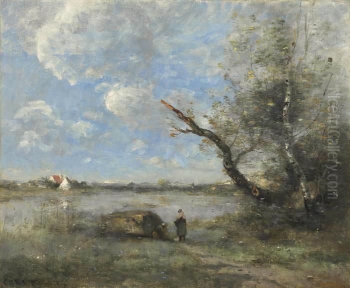 Environs De Mantes, Le Gue Sur La Seine Oil Painting by Jean-Baptiste-Camille Corot