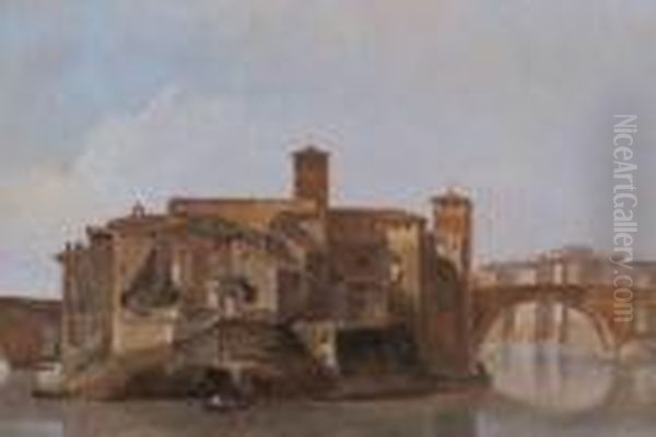 Vue Du Tibre Depuis Le Ponte 
Rotto Vers L'ile Tiberina Avec Lemonastere De San Bartolomeo, A Rome Oil Painting by Jean-Baptiste-Camille Corot