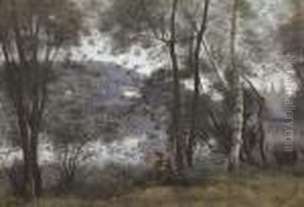 Ville D'avray. L'etang Vu A 
Travers Le Feuillage (une Vachere Assise Au Bord De L'eau Sous Les 
Arbres) Oil Painting by Jean-Baptiste-Camille Corot
