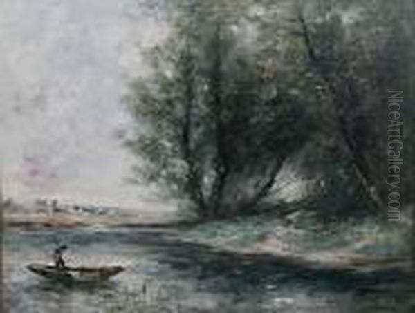 Wooded Lake With Figure In A Punt Oil Painting by Jean-Baptiste-Camille Corot