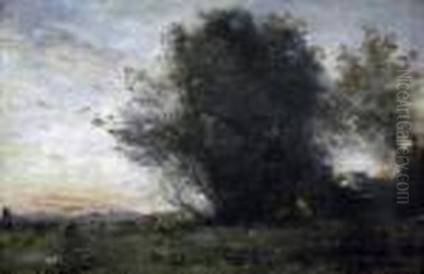 Trees In A Landscape At Sunset Bought From Agnews Oil Painting by Jean-Baptiste-Camille Corot